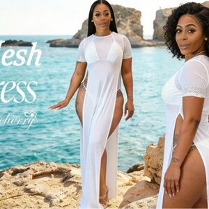 Amazon White Sheer Maxi Swim Cover-Up with Lace Trim